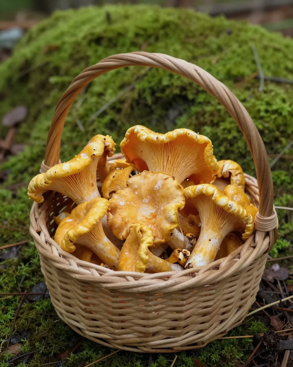 A wicker basket full of fresh chanterelle mushrooms sits on a mossy forest floor