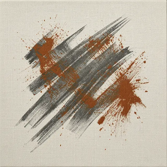 Diagonal dry brush strokes in charcoal gray and rust orange rest on raw linen canvas