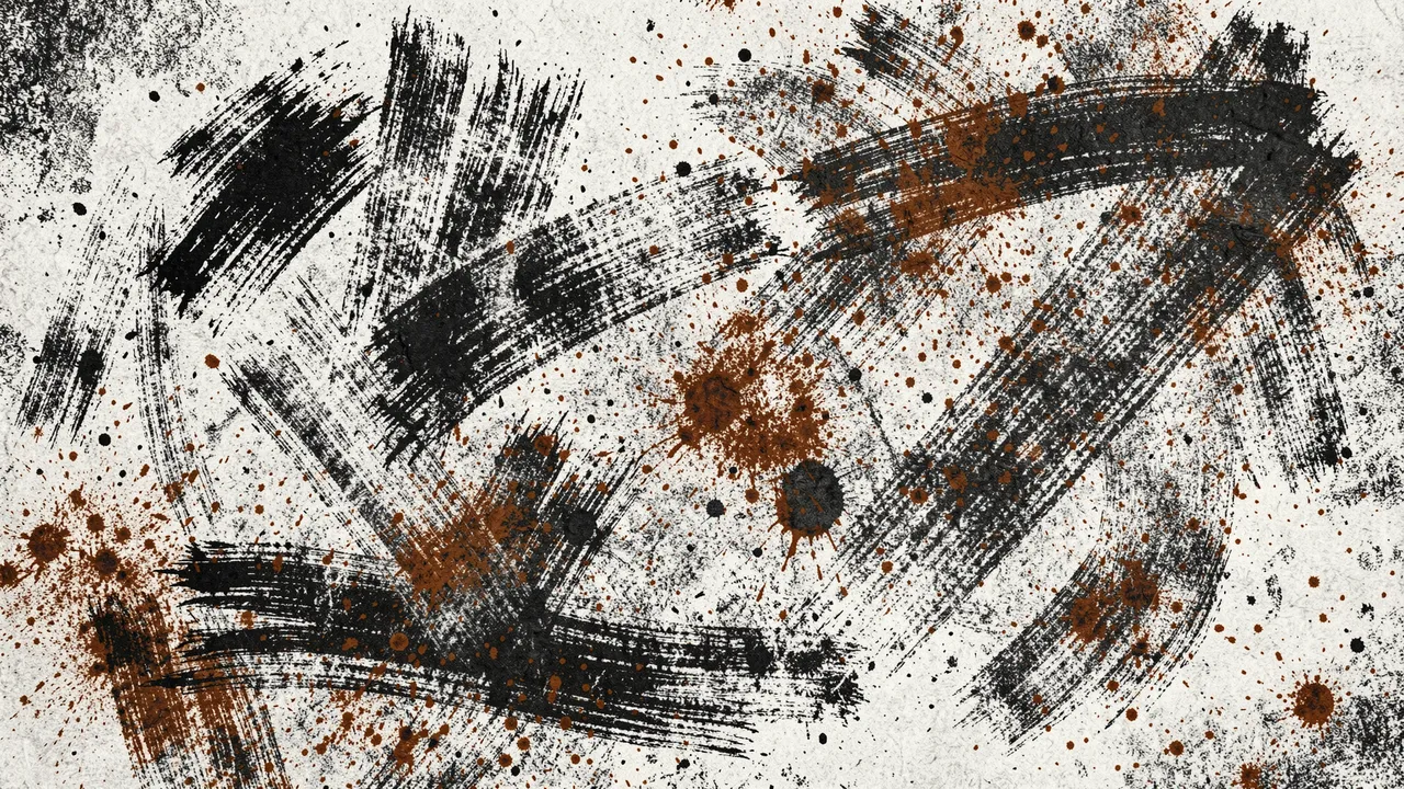 Distressed full-frame texture of rough dry brush strokes and scattered splatters in charcoal black and rust brown on a pale