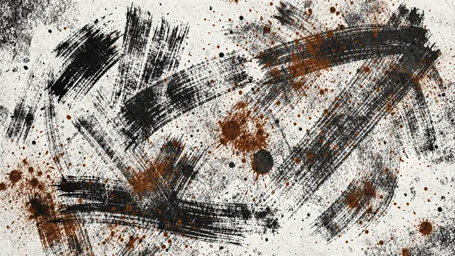 Distressed full-frame texture of rough dry brush strokes and scattered splatters in charcoal black and rust brown on a pale