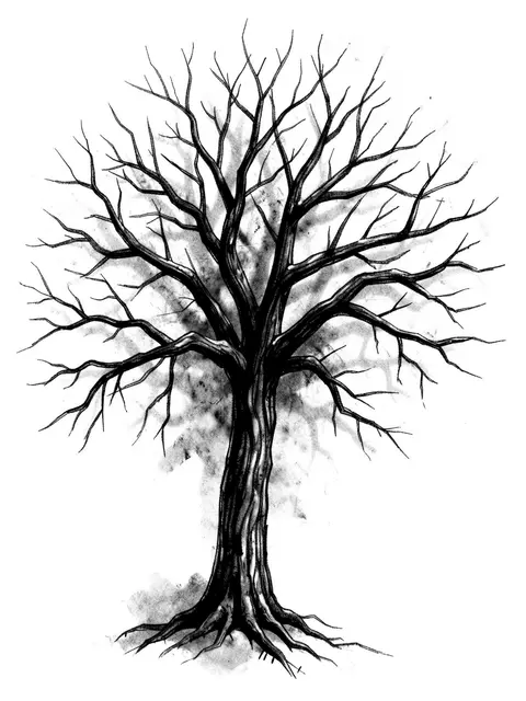 A detailed charcoal sketch of a leafless winter tree with tangled branches and soft smudged shadows on white paper
