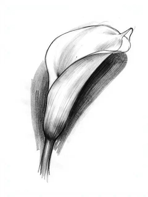 A soft charcoal drawing of a curved calla lily bloom on plain white paper