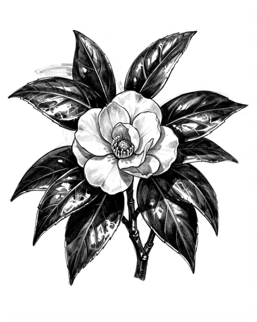 Detailed charcoal sketch of a camellia flower surrounded by glossy leaves on plain white paper