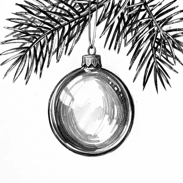 Expressive charcoal drawing of a glass Christmas ornament hanging from a pine branch on white paper
