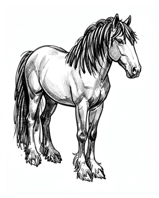 Loose charcoal sketch of a heavy draft horse with feathered hooves and thick mane on white paper