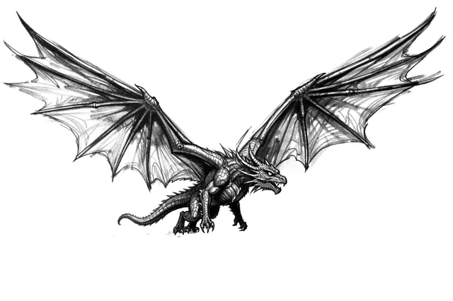 Detailed charcoal sketch of a fantasy dragon with fully spread wings on a plain white background