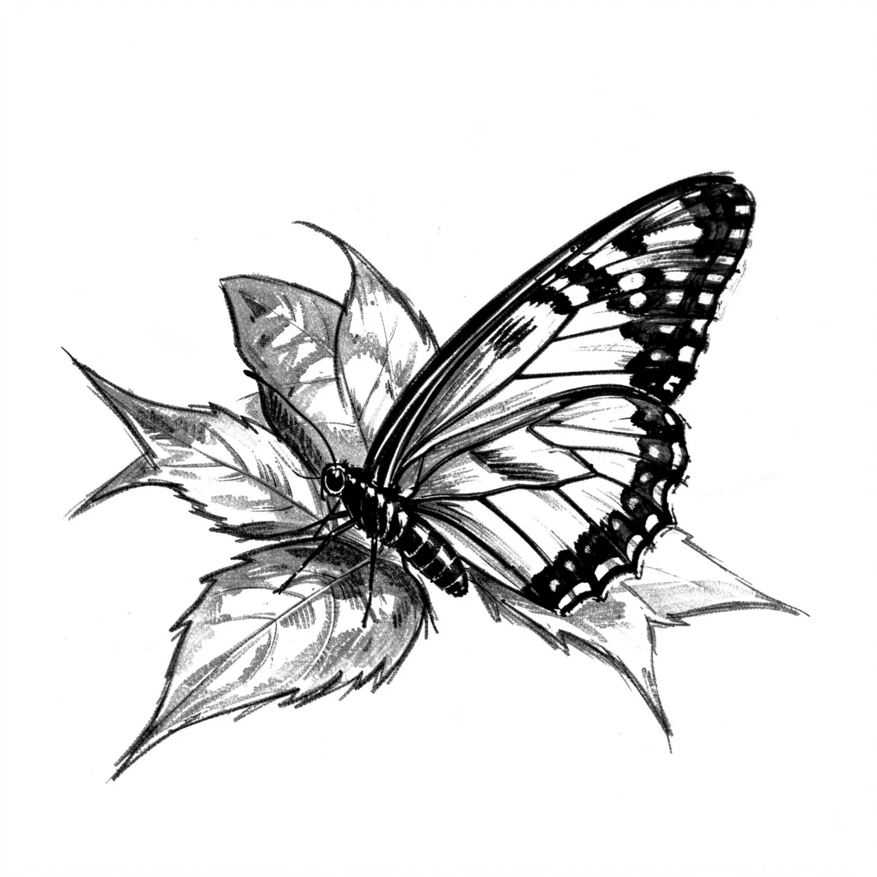 Expressive charcoal sketch of a butterfly resting on cluster of pointed leaves on plain white paper