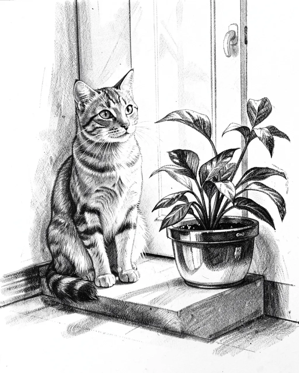 A tabby cat sits beside a potted houseplant on a windowsill in a detailed charcoal sketch