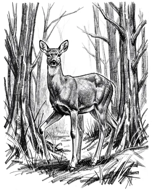 Expressive charcoal sketch of an alert doe standing at the edge of a leafless forest on white paper