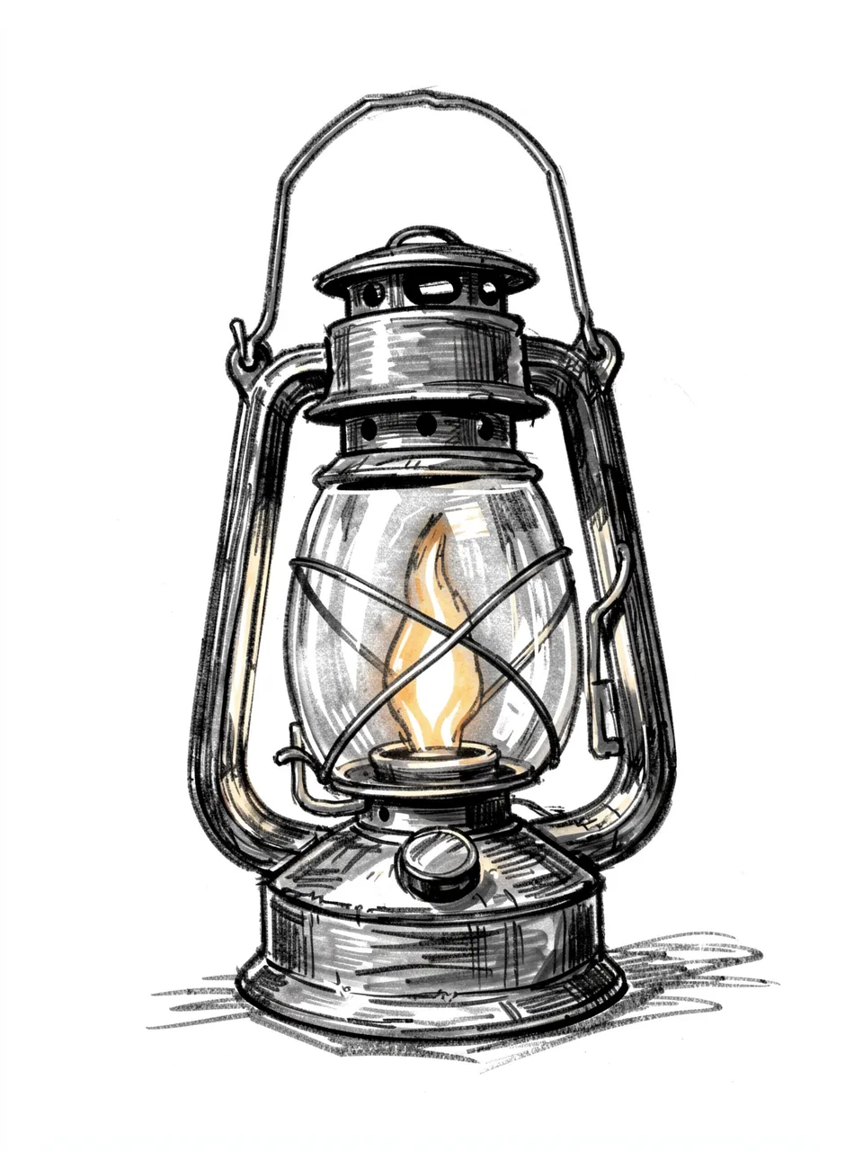 Expressive charcoal sketch of an old hurricane lantern with a glowing orange flame on white paper