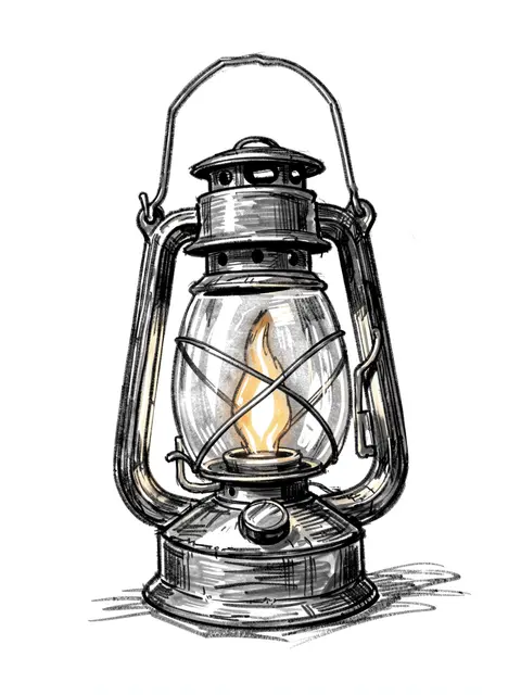Expressive charcoal sketch of an old hurricane lantern with a glowing orange flame on white paper
