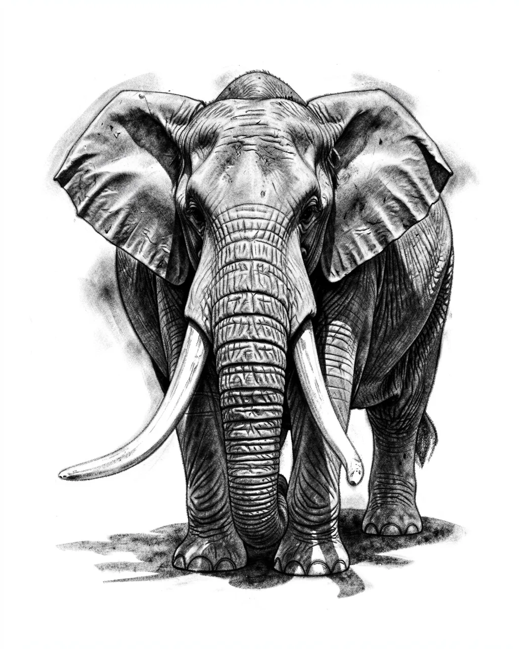 A detailed charcoal drawing of an old wrinkled elephant with long tusks against a white background