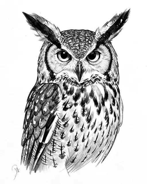 Detailed charcoal drawing of a great horned owl with prominent ear tufts facing forward on plain white paper