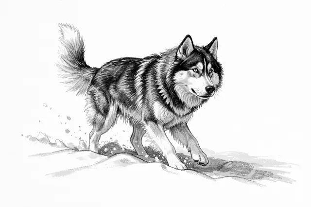 Charcoal drawing of a husky trotting through deep snow on plain white paper
