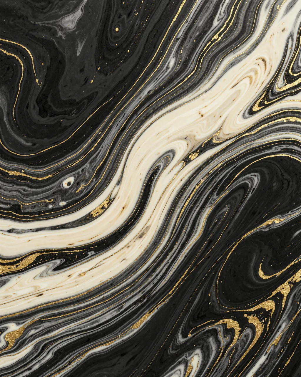 Swirling marbled abstract pattern with charcoal, ivory, and glittering gold lines across the frame