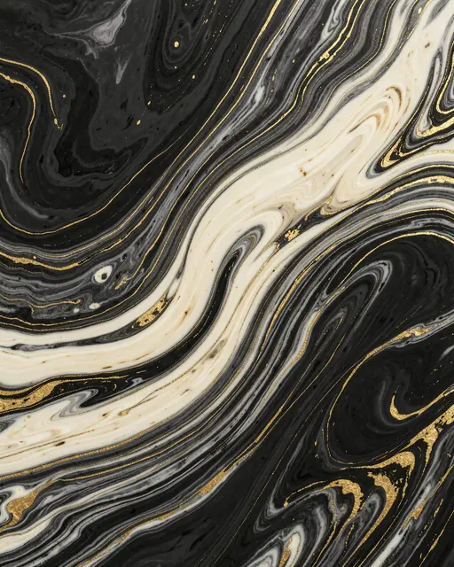 Swirling marbled abstract pattern with charcoal, ivory, and glittering gold lines across the frame