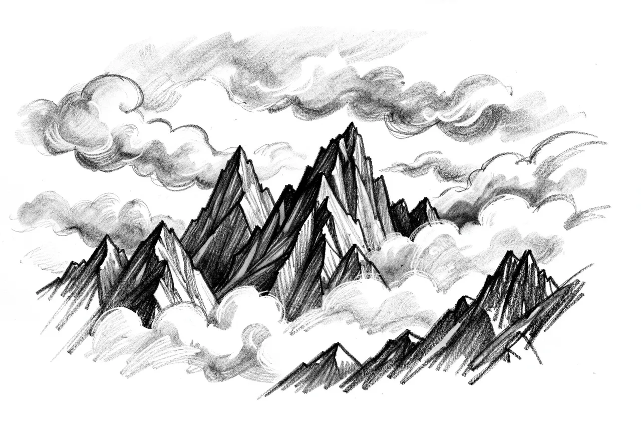 Expressive charcoal sketch of jagged mountain peaks wreathed in drifting clouds on white paper