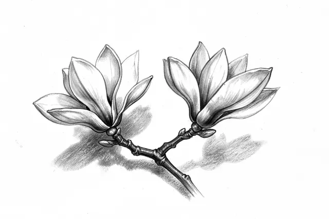 Detailed charcoal sketch of a magnolia branch with two open blooms on a plain white paper background