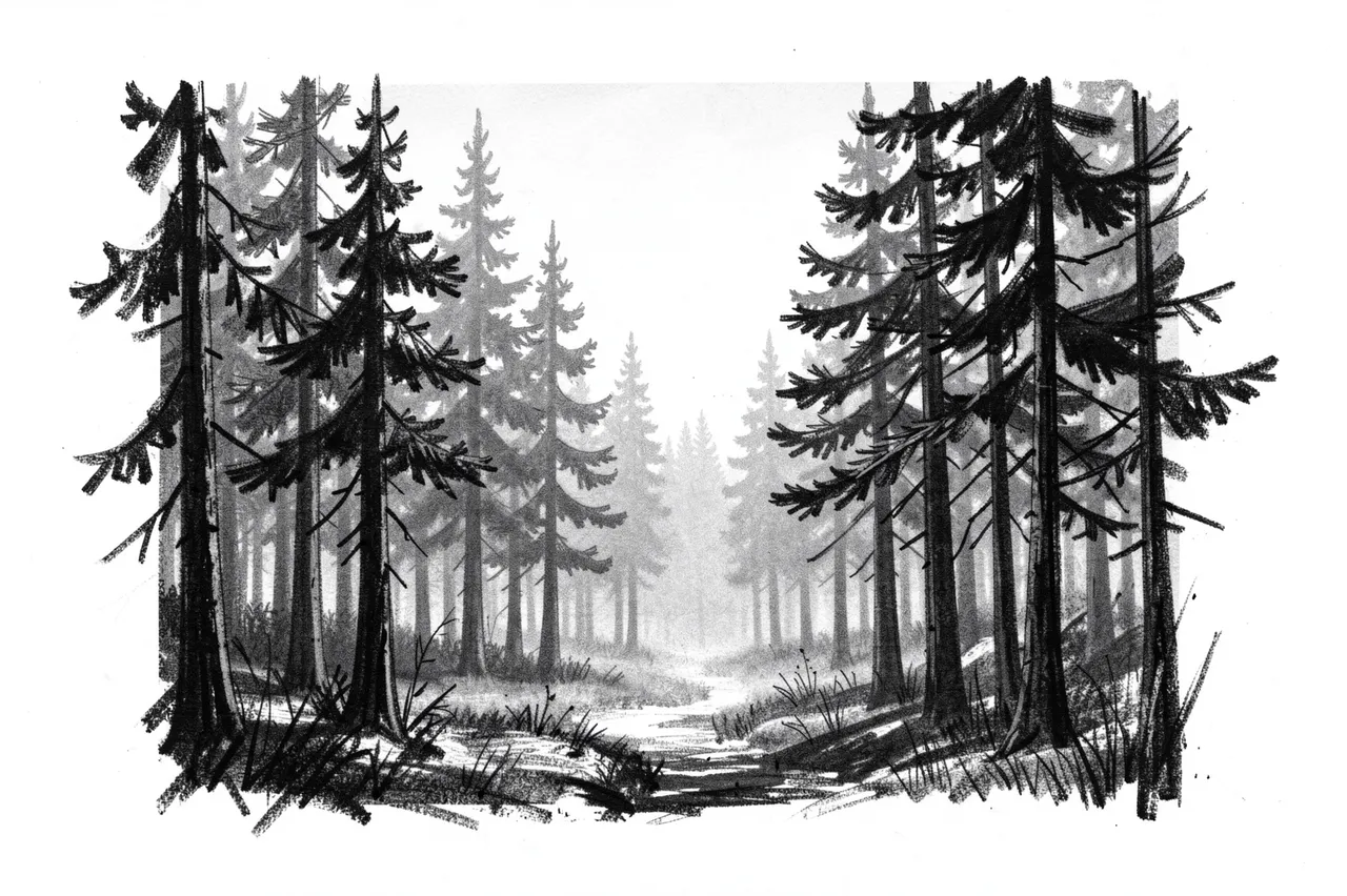 Expressive charcoal drawing of a misty pine forest path at dawn on white paper