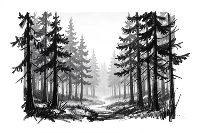 Expressive charcoal drawing of a misty pine forest path at dawn on white paper