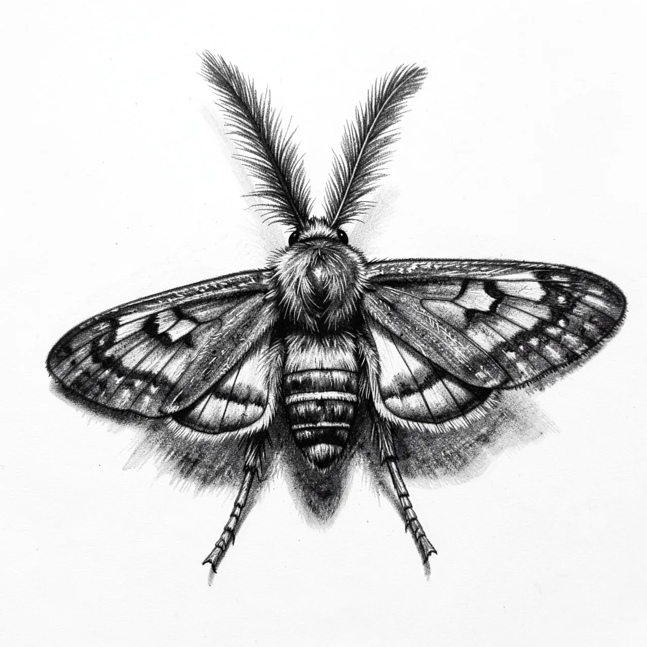 Detailed charcoal drawing of a moth with feathered antennae set against plain white paper