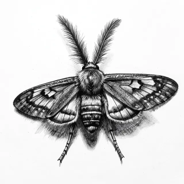 Detailed charcoal drawing of a moth with feathered antennae set against plain white paper