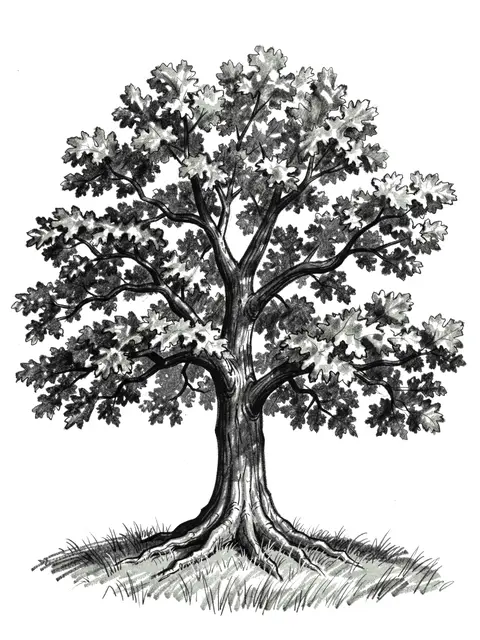 Detailed charcoal sketch of a full leafy oak tree standing on grass against a plain white background