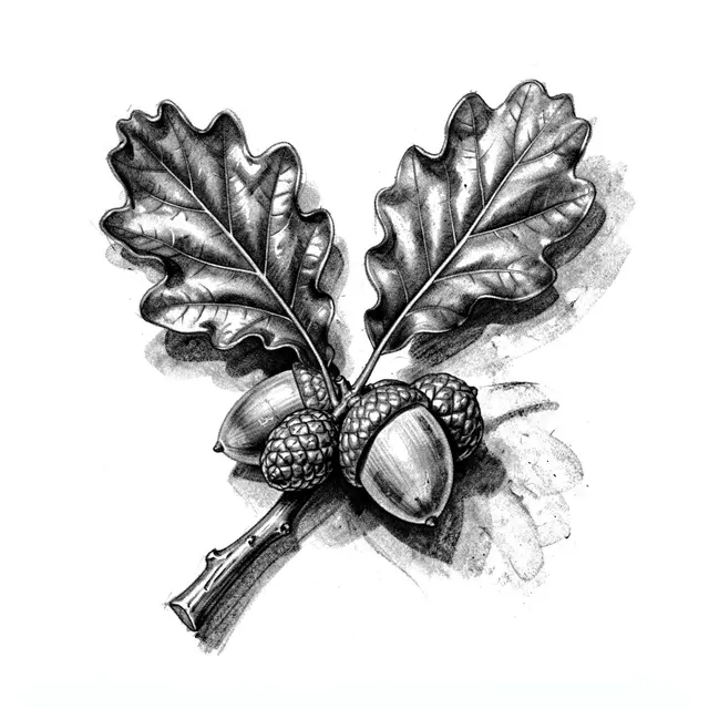 Detailed charcoal sketch of an oak twig with lobed leaves and acorns on white paper
