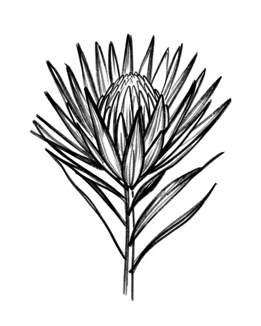 Bold loose charcoal sketch of a protea flower with spiky bracts on a plain white background
