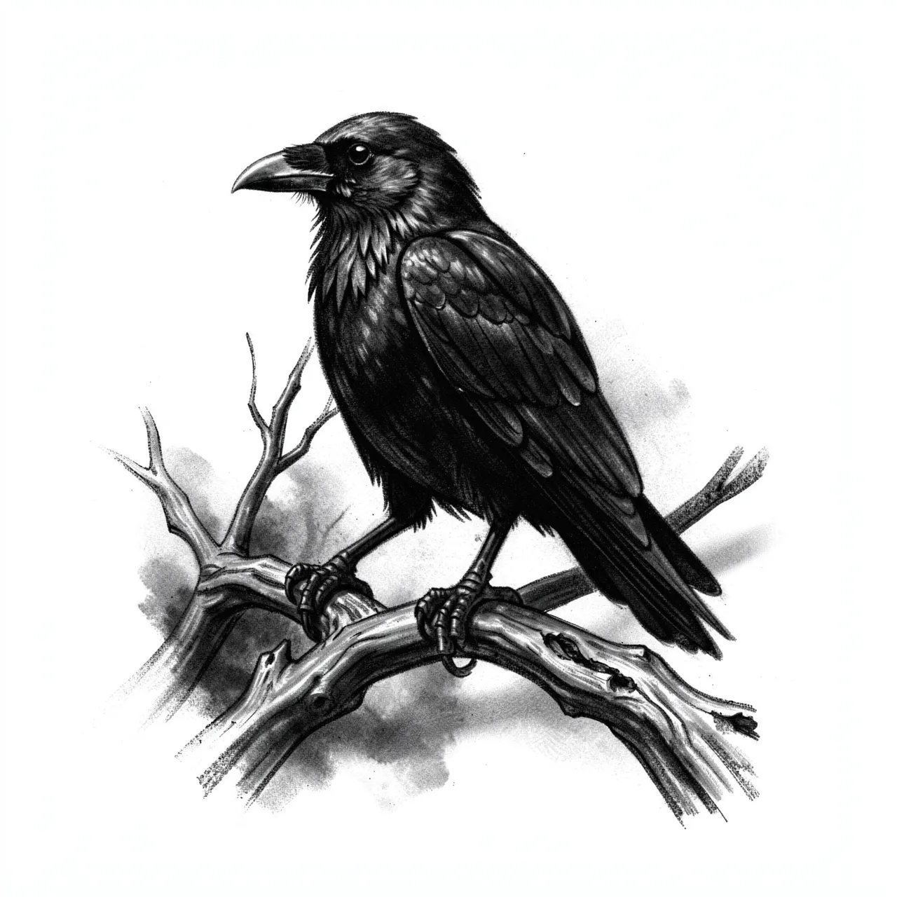 Charcoal drawing of a raven perched on a twisted bare branch against a white paper background