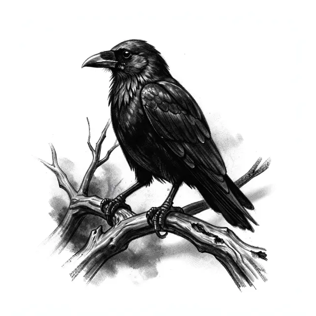 Charcoal drawing of a raven perched on a twisted bare branch against a white paper background