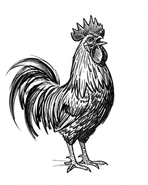 Bold loose charcoal sketch of a crowing rooster with a tall comb and sweeping tail on plain white paper
