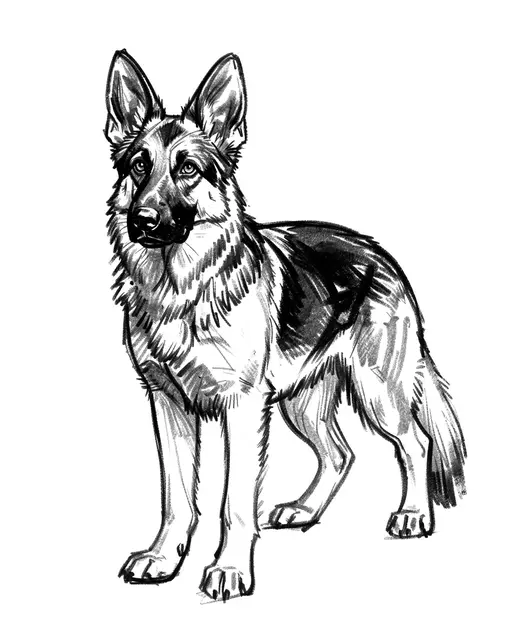 Bold loose charcoal sketch of an alert standing German shepherd on plain white paper