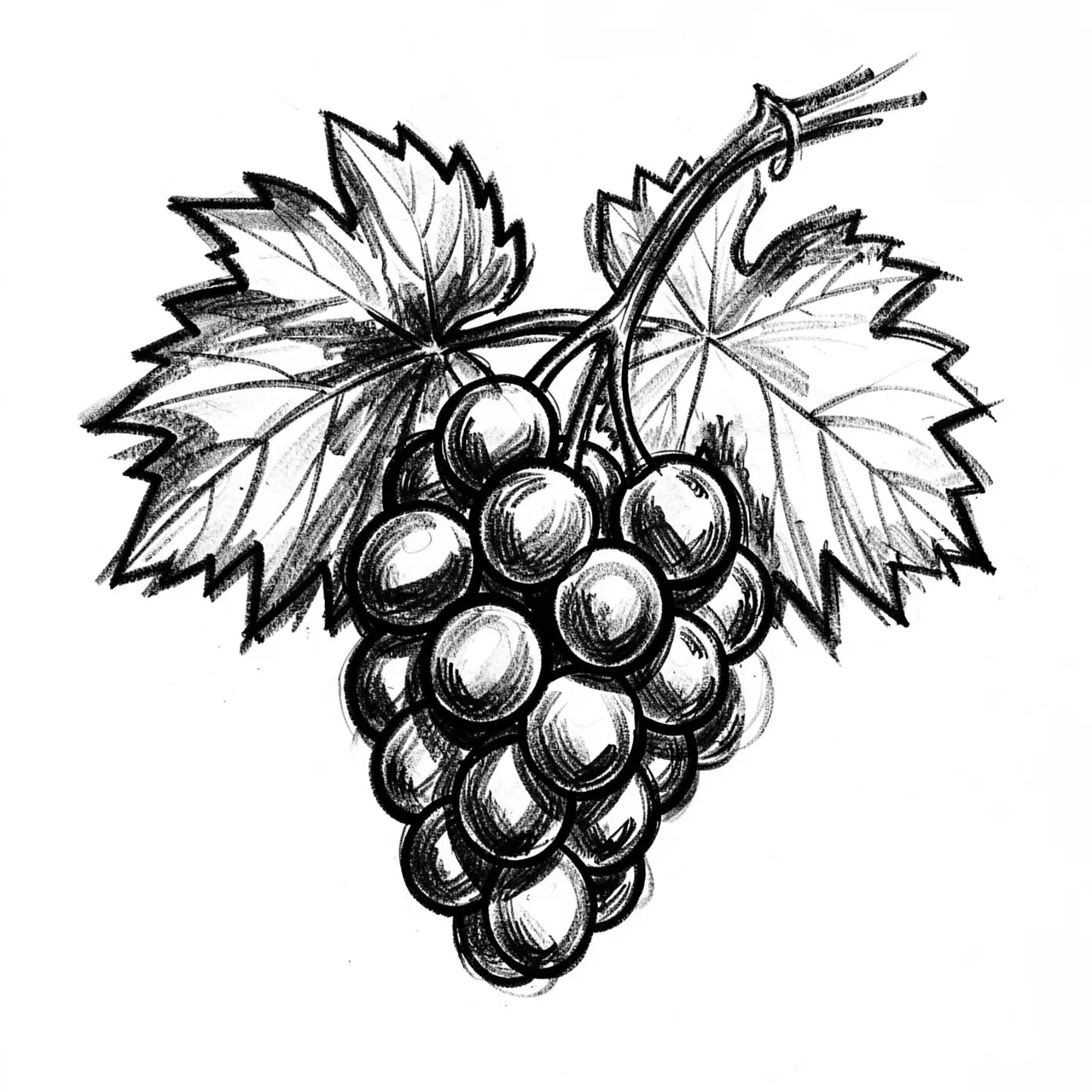 Bold loose charcoal sketch of a grape cluster with vine leaves on plain white paper