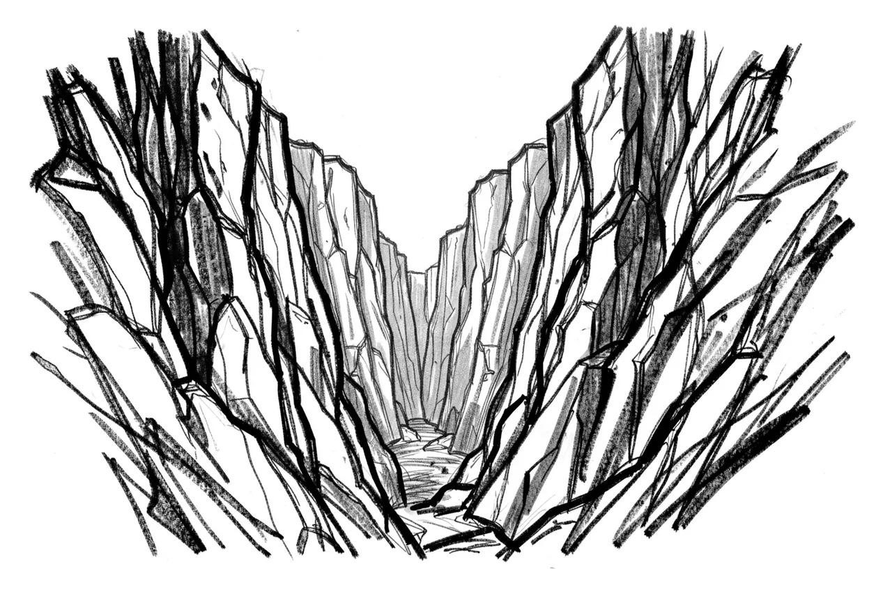 Loose bold charcoal sketch of a narrow deep canyon with tall towering rock walls on white paper