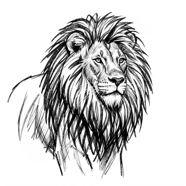 Loose bold charcoal sketch of a male lion with a full shaggy mane on a plain white background