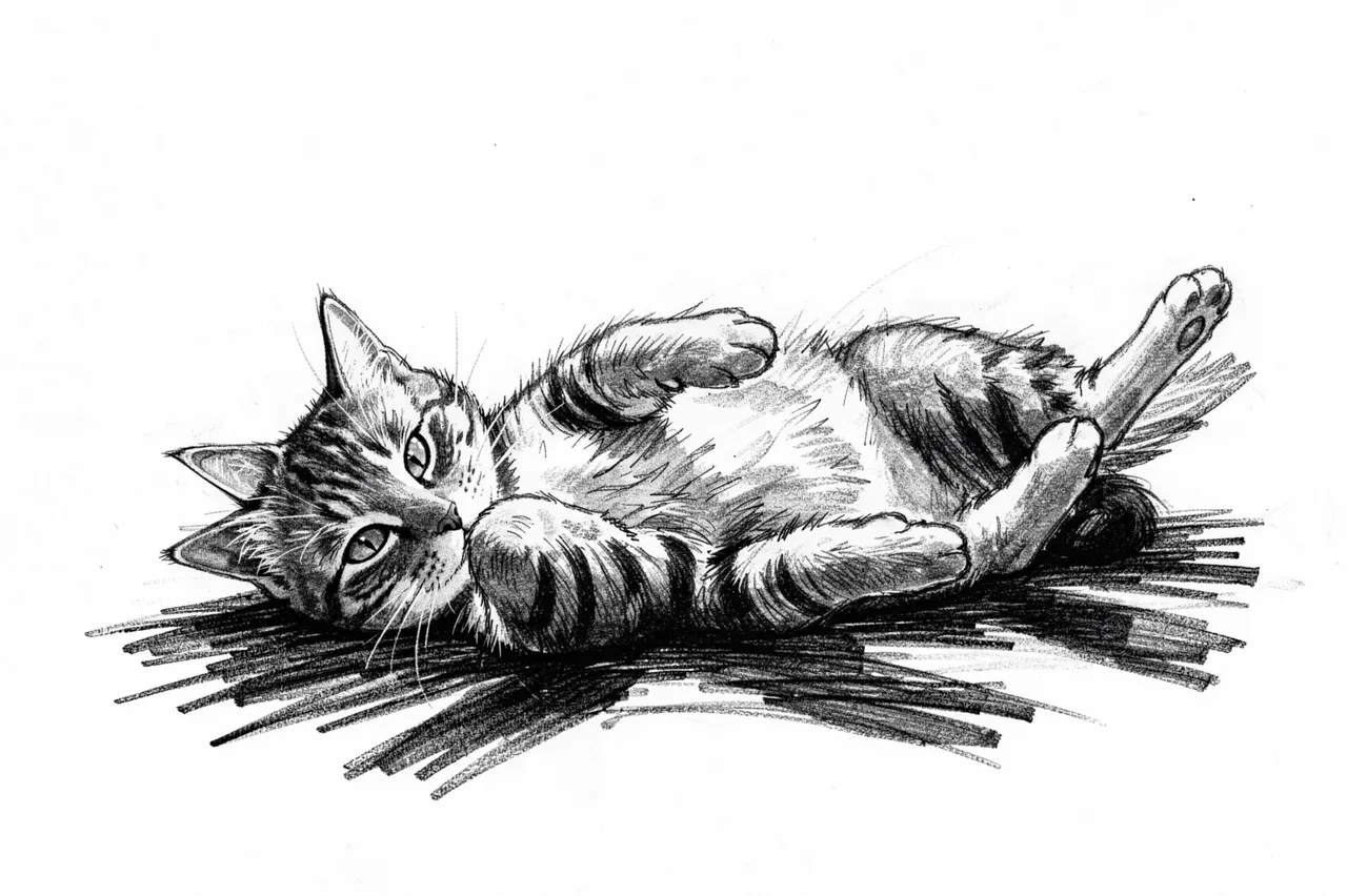 A charcoal drawing of a tabby cat lying on its back on a shaded patch against white paper
