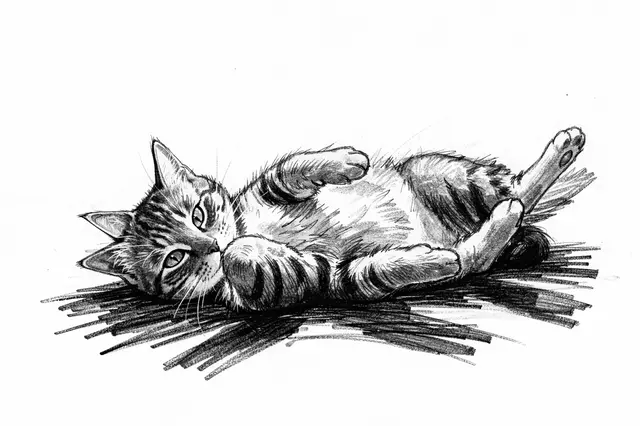 A charcoal drawing of a tabby cat lying on its back on a shaded patch against white paper