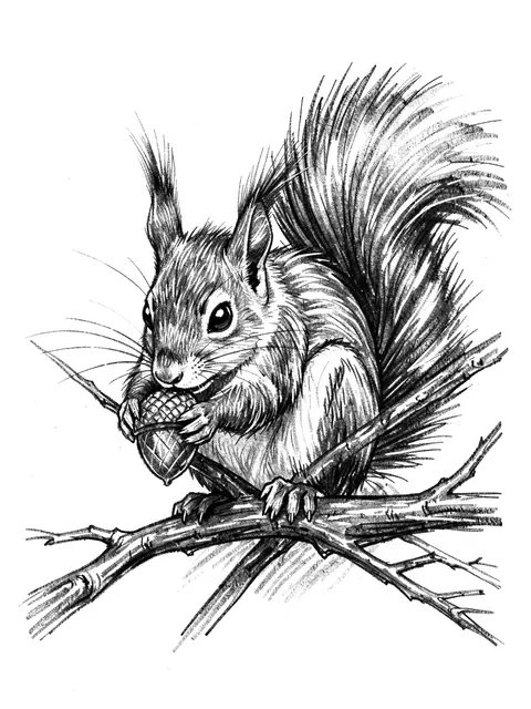 Expressive charcoal drawing of a squirrel holding an acorn while perched on bare tree branches.