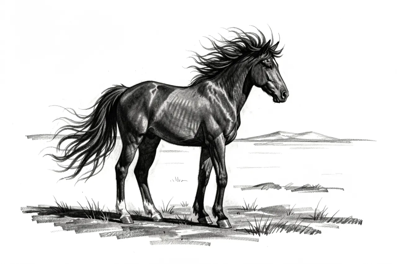 Charcoal drawing of a stallion with windswept mane standing on a sparse open plain