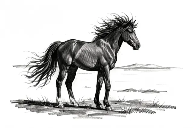 Charcoal drawing of a stallion with windswept mane standing on a sparse open plain