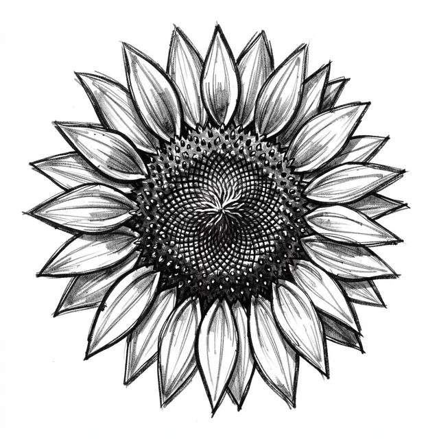 Expressive charcoal drawing of a sunflower head with a dense detailed seed center on white paper