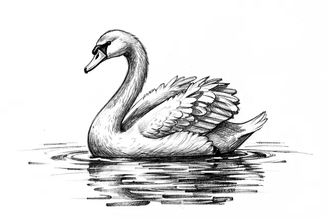 A detailed charcoal drawing of a swan with a curved neck floating on still rippled water with a clear reflection