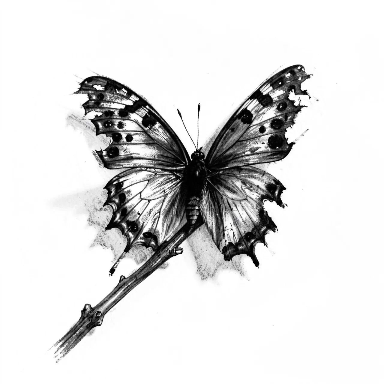 Charcoal sketch of a tattered winged butterfly perched on a bare twig with soft smudged shadows on white paper