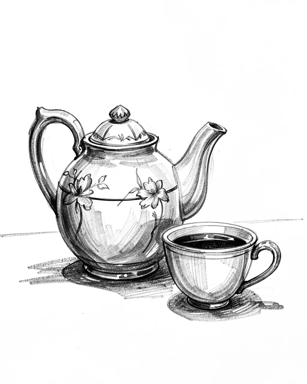 Expressive charcoal sketch of a floral porcelain teapot next to a filled teacup on plain white paper