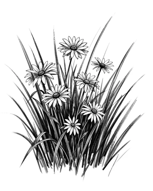 Expressive charcoal sketch of a clump of wild daisies surrounded by tall grass on plain white paper