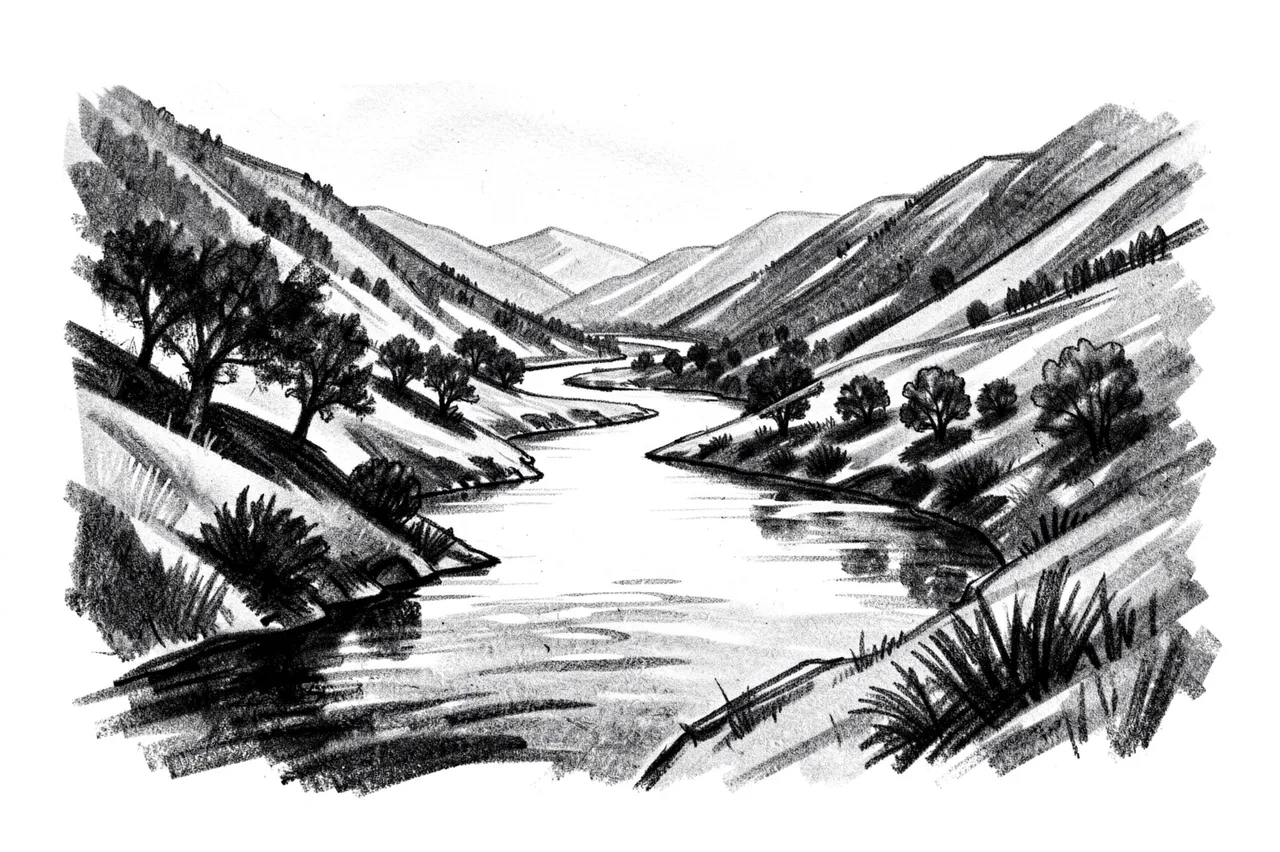 Smudged charcoal drawing of a winding river cutting through a tree-lined mountain valley on white paper