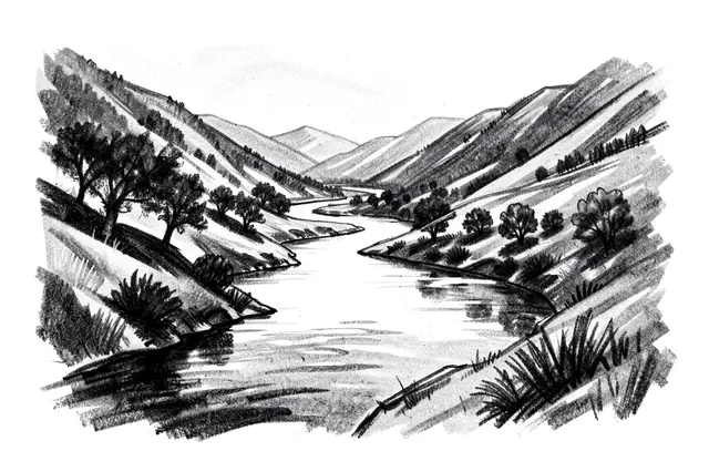 Smudged charcoal drawing of a winding river cutting through a tree-lined mountain valley on white paper