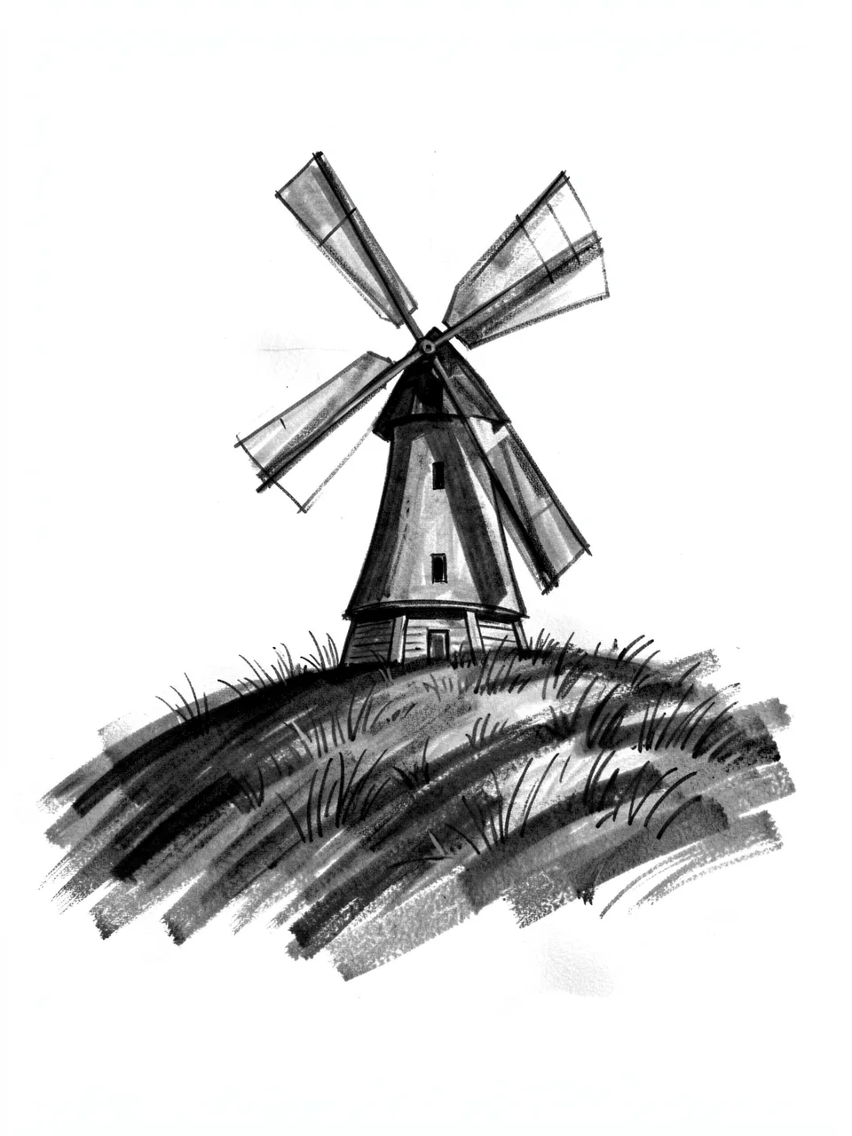 A charcoal sketch of a traditional windmill standing atop a grassy rise against a plain white background