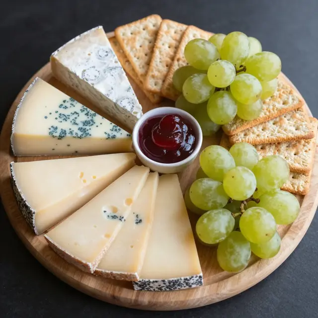 Top down view of a round wooden platter holding assorted cheeses, green grapes, crackers, and a small bowl of fruit jam.